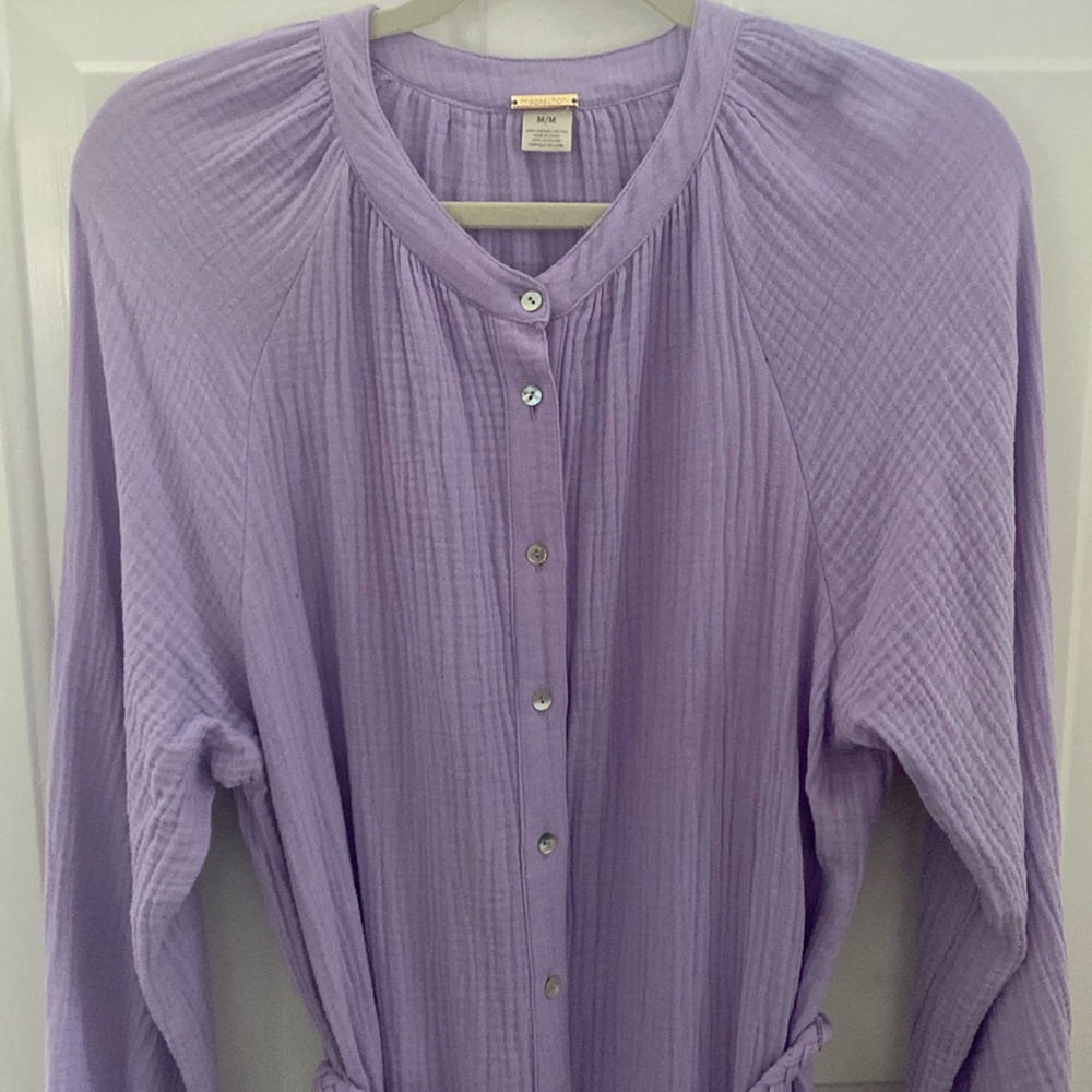Magaschoni 100% Organic Cotton Lavender Gauze Dress with Braided Belt. Medium.